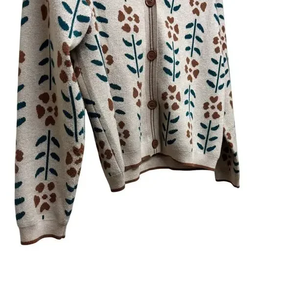 Botanical Floral Knit Cardigan Sweater Button Front Beige Green Size M - Picture 7 of 7